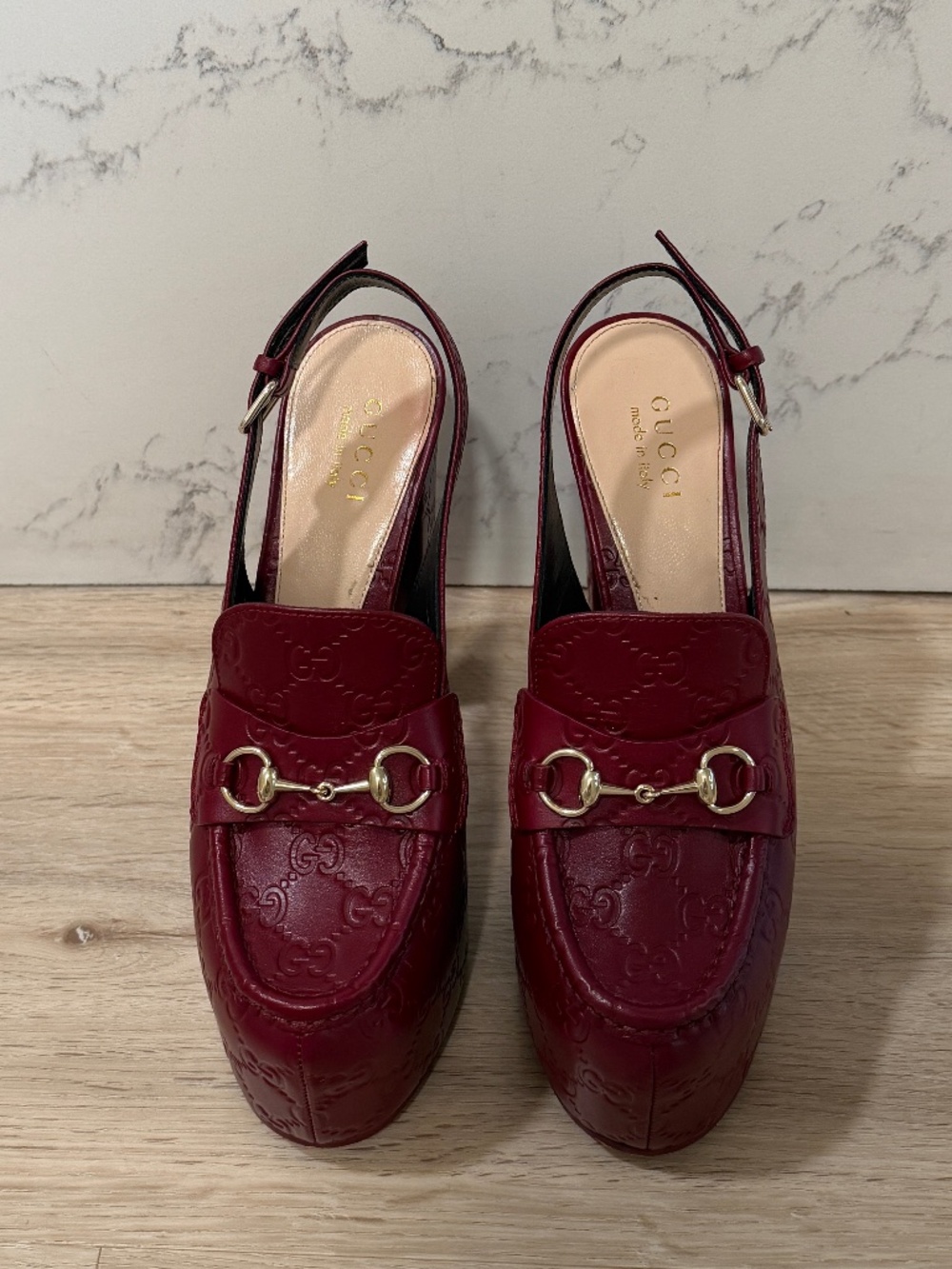 Gucci Ottavia GG Embossed Leather Horsebit Platform Slingback | Size 38 | Rosso